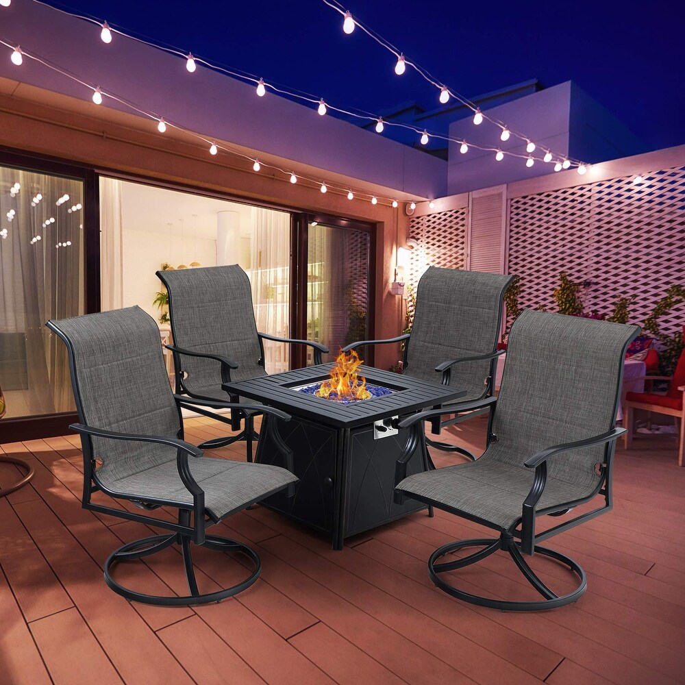 MFSTUDIO 5 Piece Outdoor Fire Pit Set  28 Inch Square Propane Gas Fire Pit Table with 4 Padded Textilene Fabric Swivel Chairs
