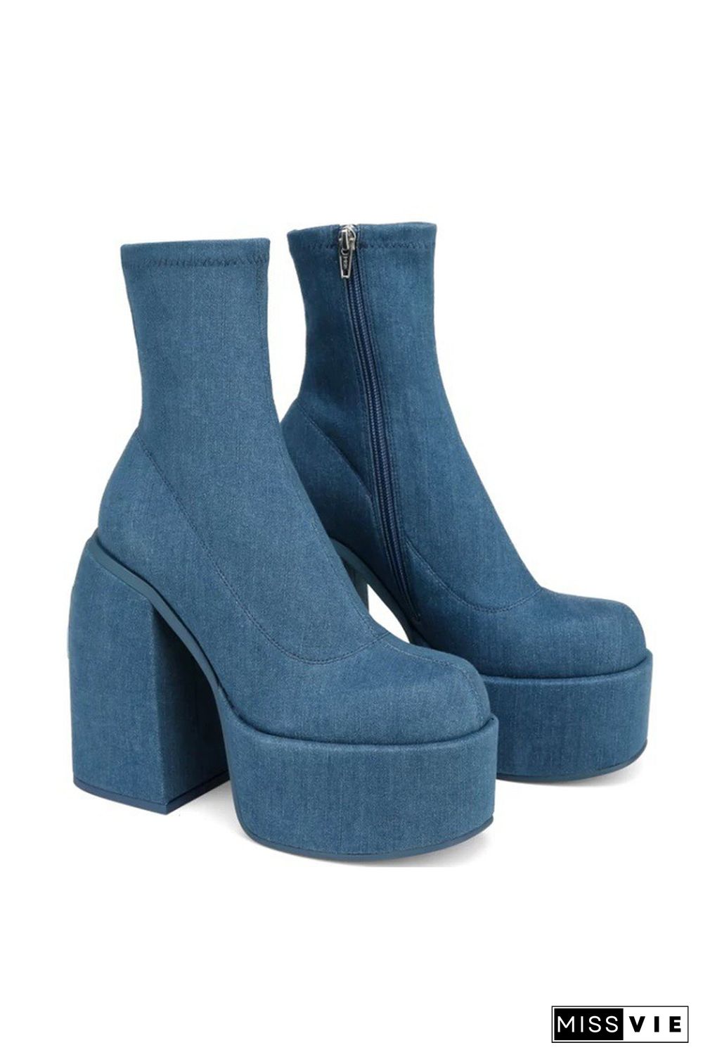 Round Toe Denim High Heels Ankle Zipper Boots