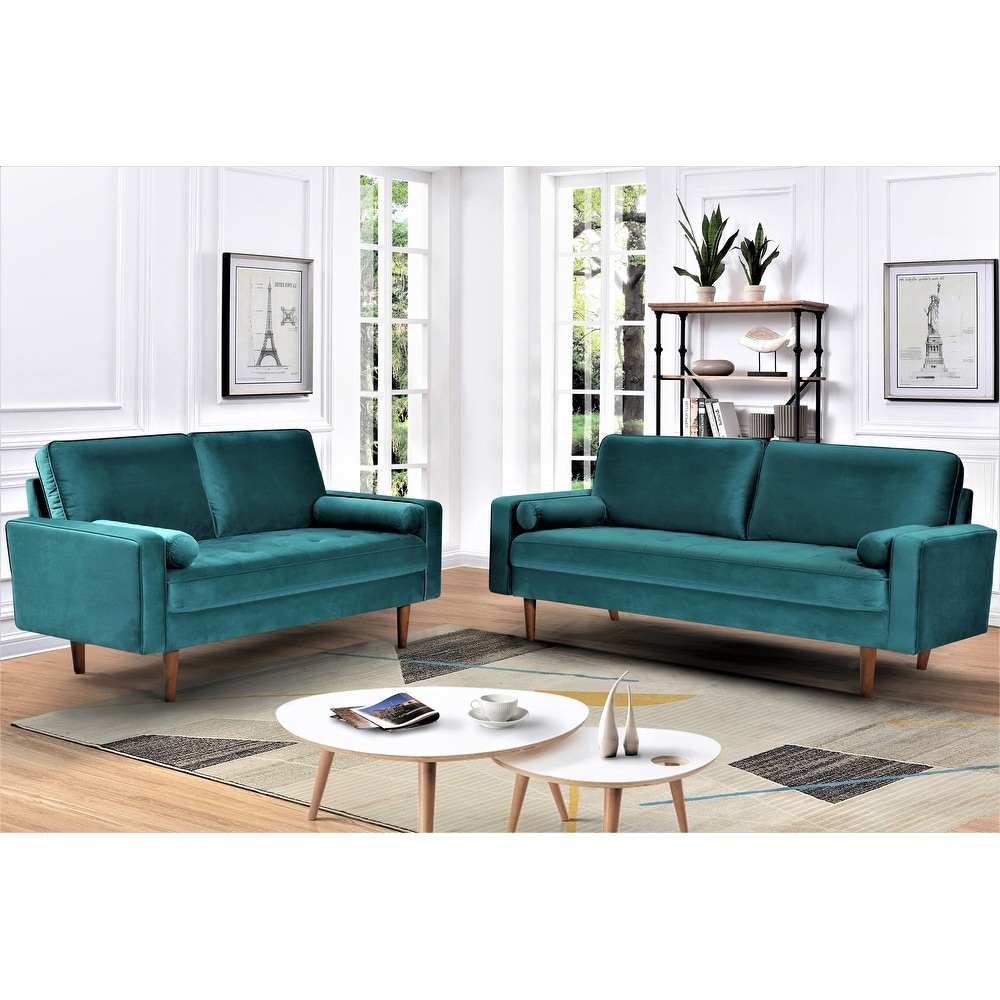 Monahan Wood Frame Velvet Tufted 2 PCS Living Room Set  Sofa   Loveseat