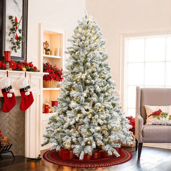 7.5Ft PreLit Hinged Snow Flocked Full Fir Artificial Christmas Tree with 8 Lighting Modes