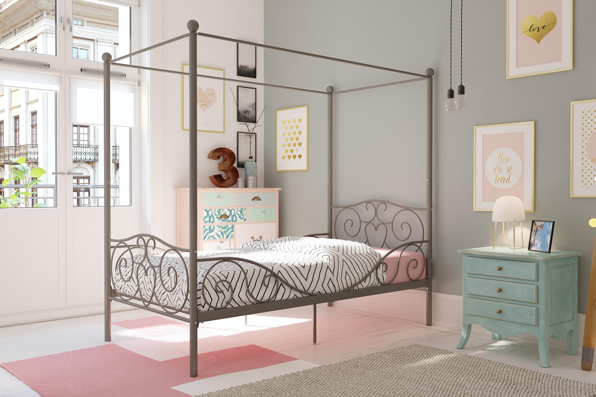 Elm & Oak Metal Canopy Kids Poster Bed, Twin, Pewter