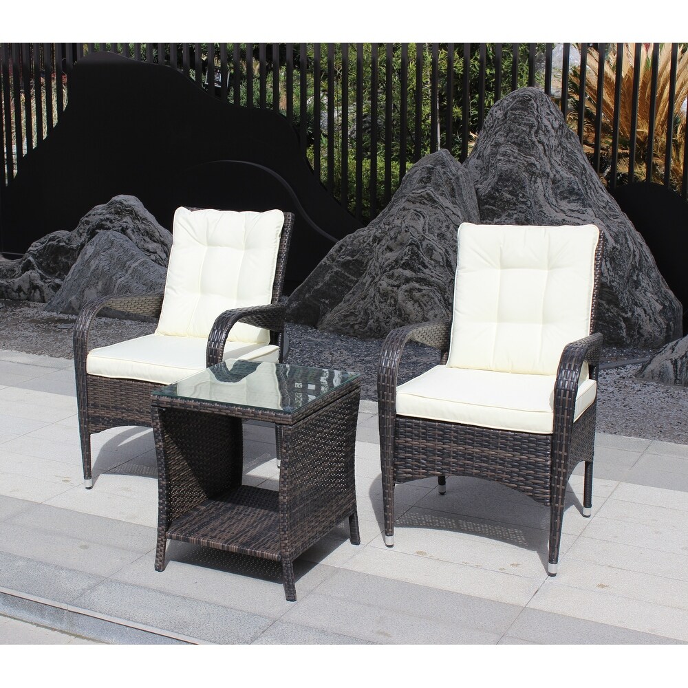 Outdoor Patio Coffee Table Brown Wicker Side Table with Tempered Glass Tabletop and 1 Shelf Tbale for Outdoor Garden