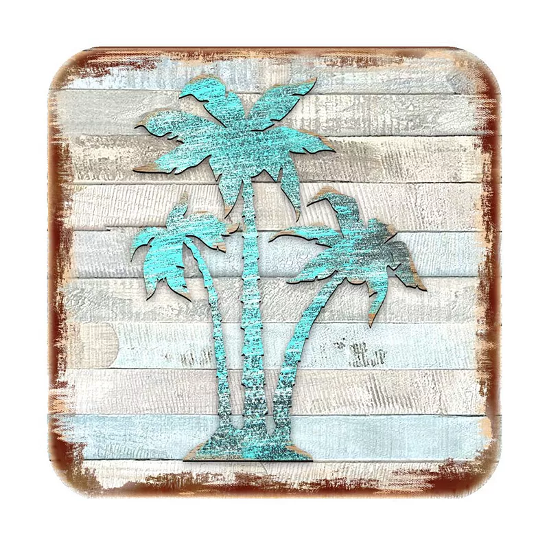 Palm Trees Coastal Wooden Cork Coasters Gift Set of 4 by Nature Wonders