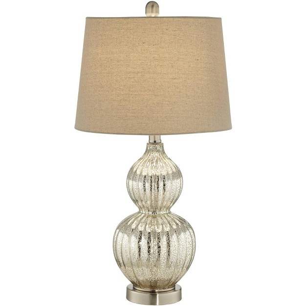 High Fluted Modern Country Cottage Table Lamp Silver Mercury Glass Single Beige Shade Living Room Bedroom Bedside Nightstand