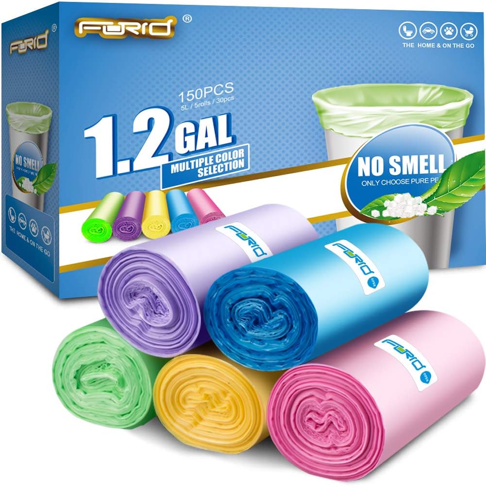 Small Trash Bag, 2.6 Gallon Garbage Bags FORID Bathroom Trash can Liners for Bedroom Home Kitchen 150 Counts 5 Color