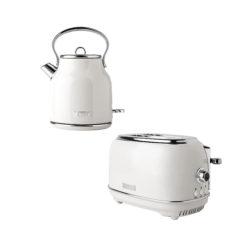 Haden Heritage 1.7 L Stainless Steel Electric Kettle with 2 Slice Toaster， White