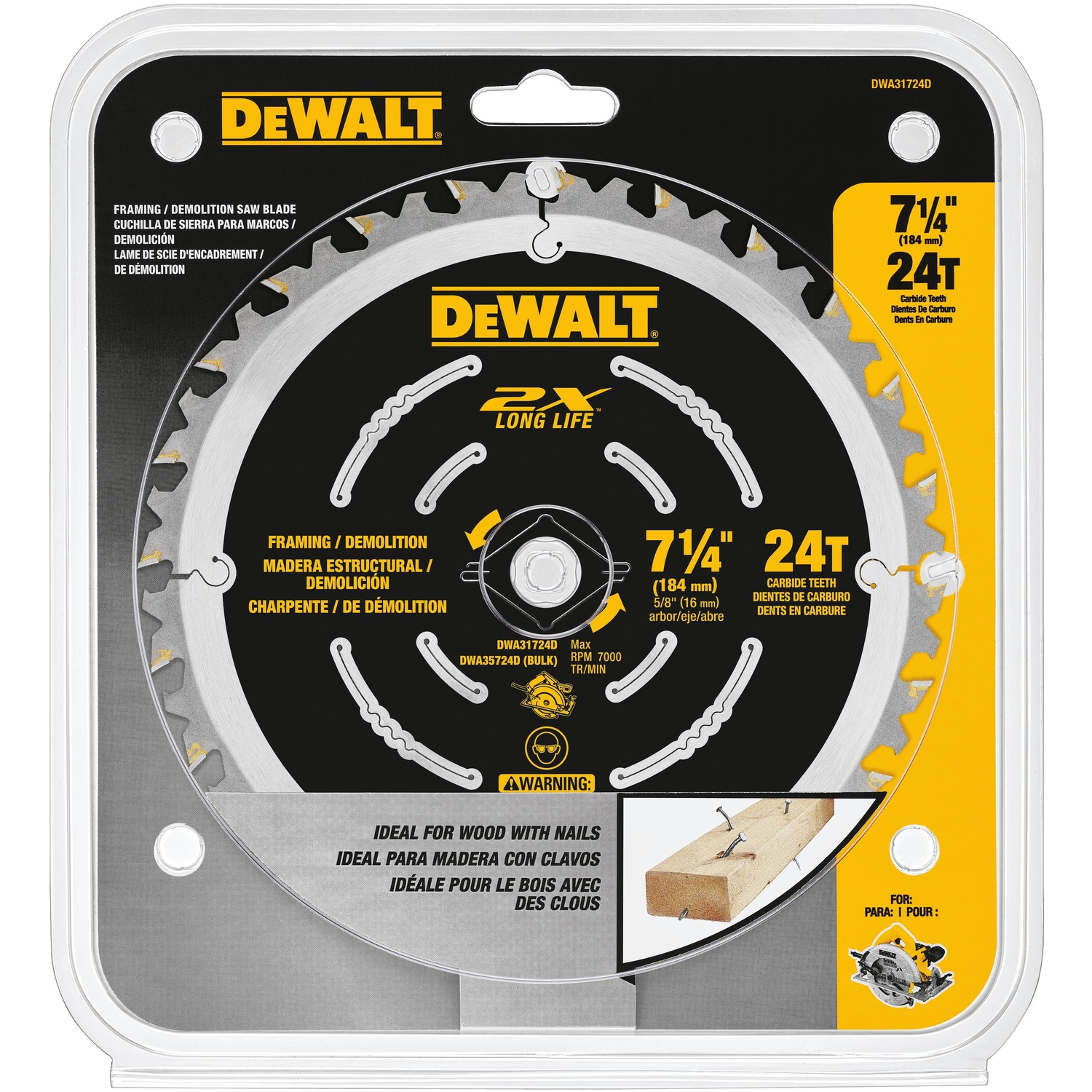 DW 7-1/4 in. D X 5/8 in. Demolition Carbide Saw Blade 24 teeth 1 pk