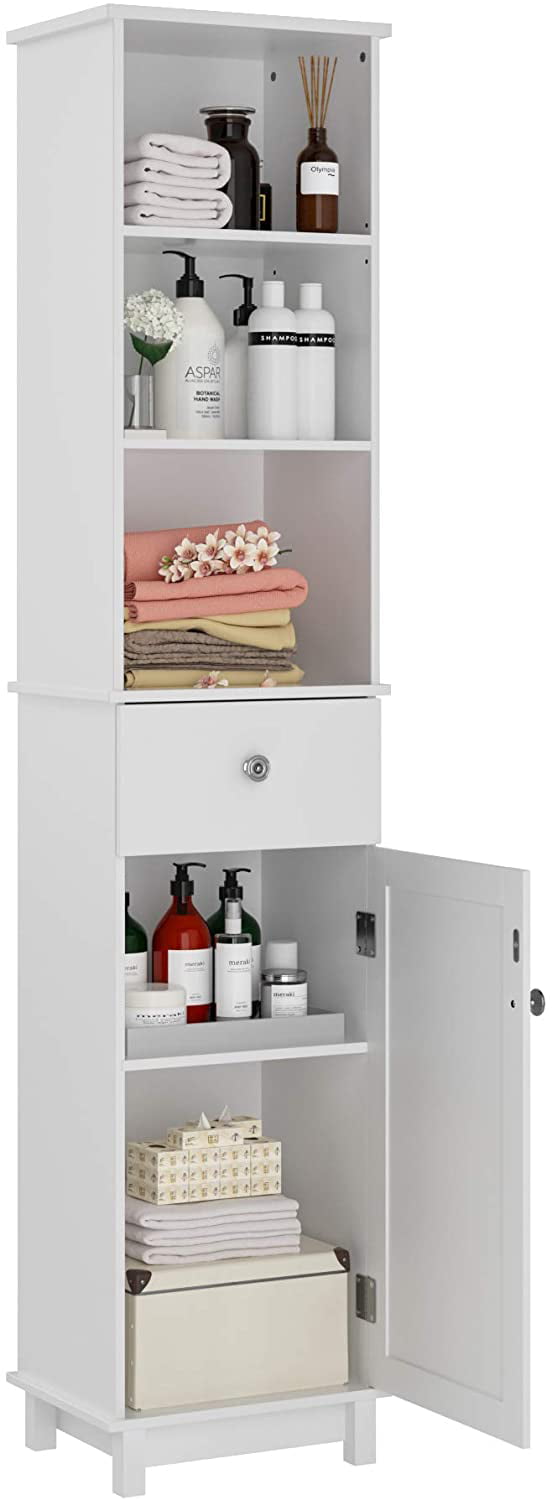 Homfa Slim Bathroom Tower with Door, 70 in Modern Wooden Organizer Rack with Adjustable Shelves and Drawer, White Finish