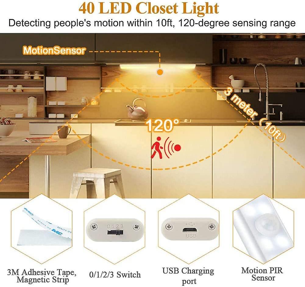 40 Led Closet Light，motion Sensor，usb Rechargeable，4 Modes，30cmwarm Light