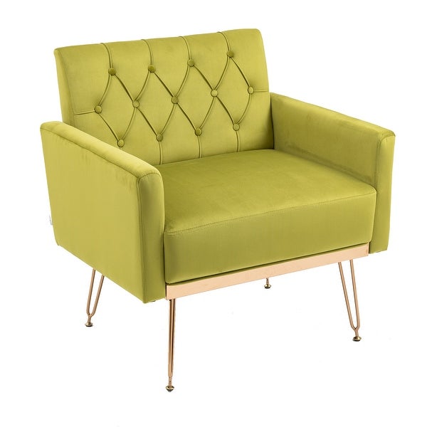 European Style Accent Chair， Velvet Upholstered Leisure Single Sofa with Rose Gold Feet for Living Room， Olive Green