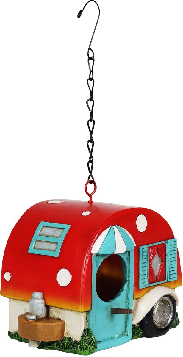 Exhart Hand Painted Hanging Camping Trailer Resin Bird House， Red/Blue