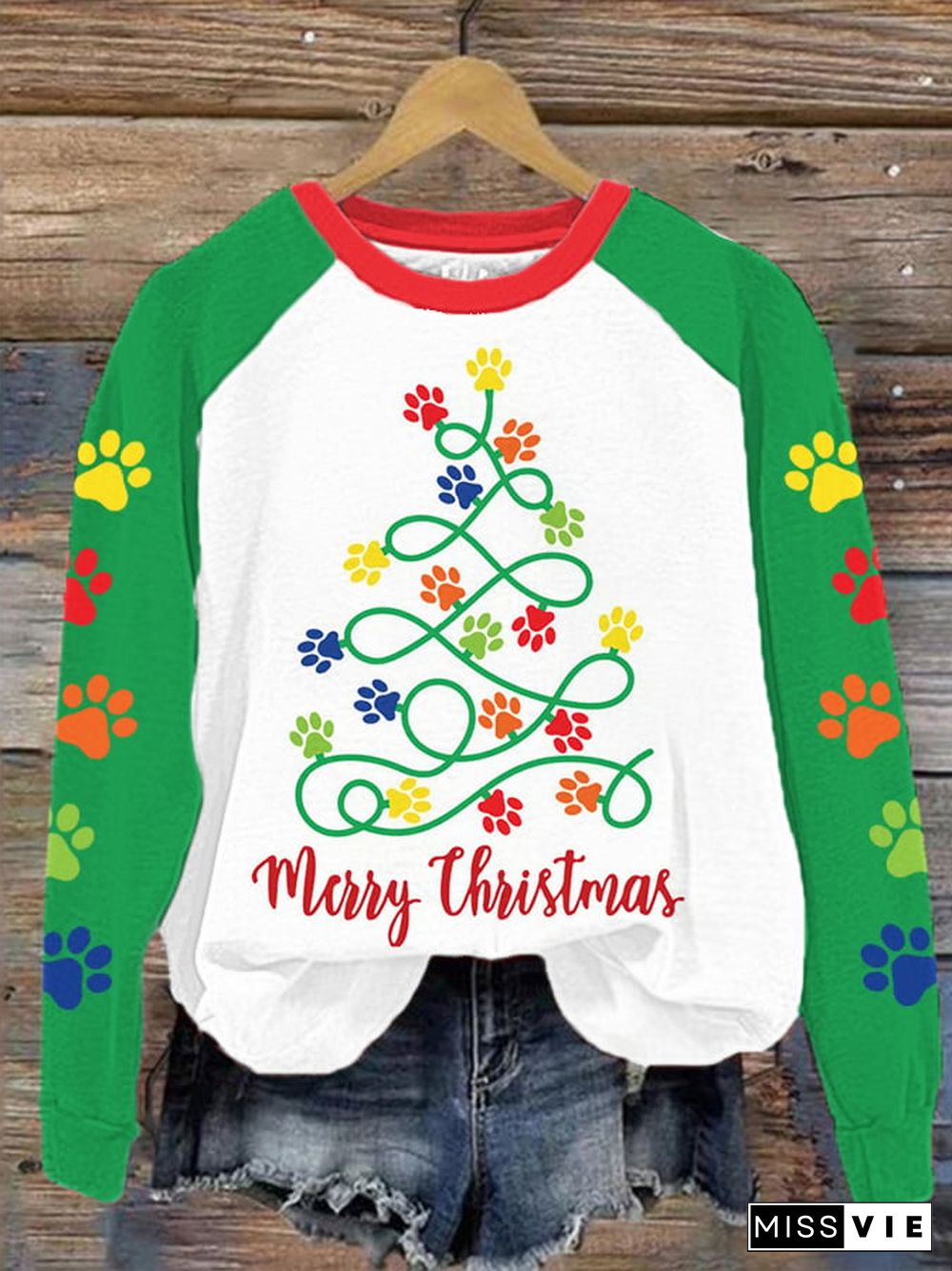 Women's Merry Christmas Paw Tree Print Sweatshirt