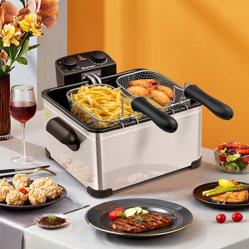 5.3 QT Electric Deep Fryer, 1700W Oil Fryer with Timer, Triple Stainless Steel Frying Basket, Viewing Window Lid