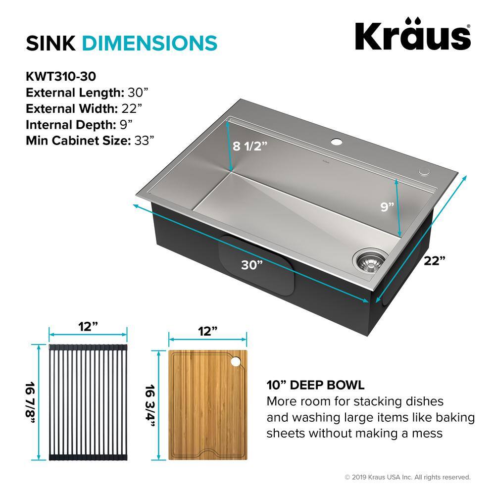 KRAUS Kore Workstation Drop-In Stainless Steel 30 in. Single Bowl Kitchen Bar Sink with Accessories KWT310-30