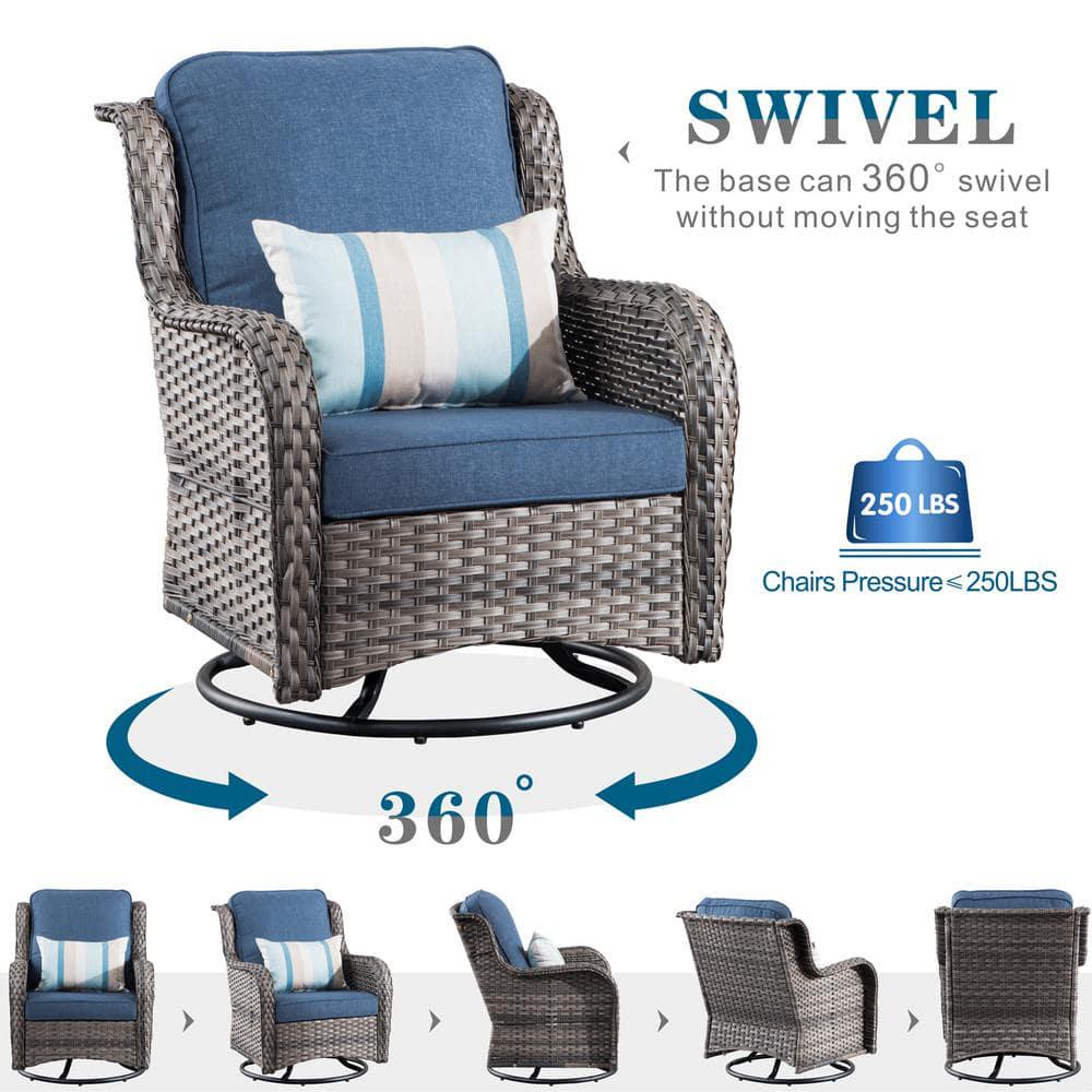 OVIOS Joyoung Gray 3Piece Wicker Outdoor Patio Conversation Seating Set with Denim Blue Cushions and Swivel Rocking Chairs