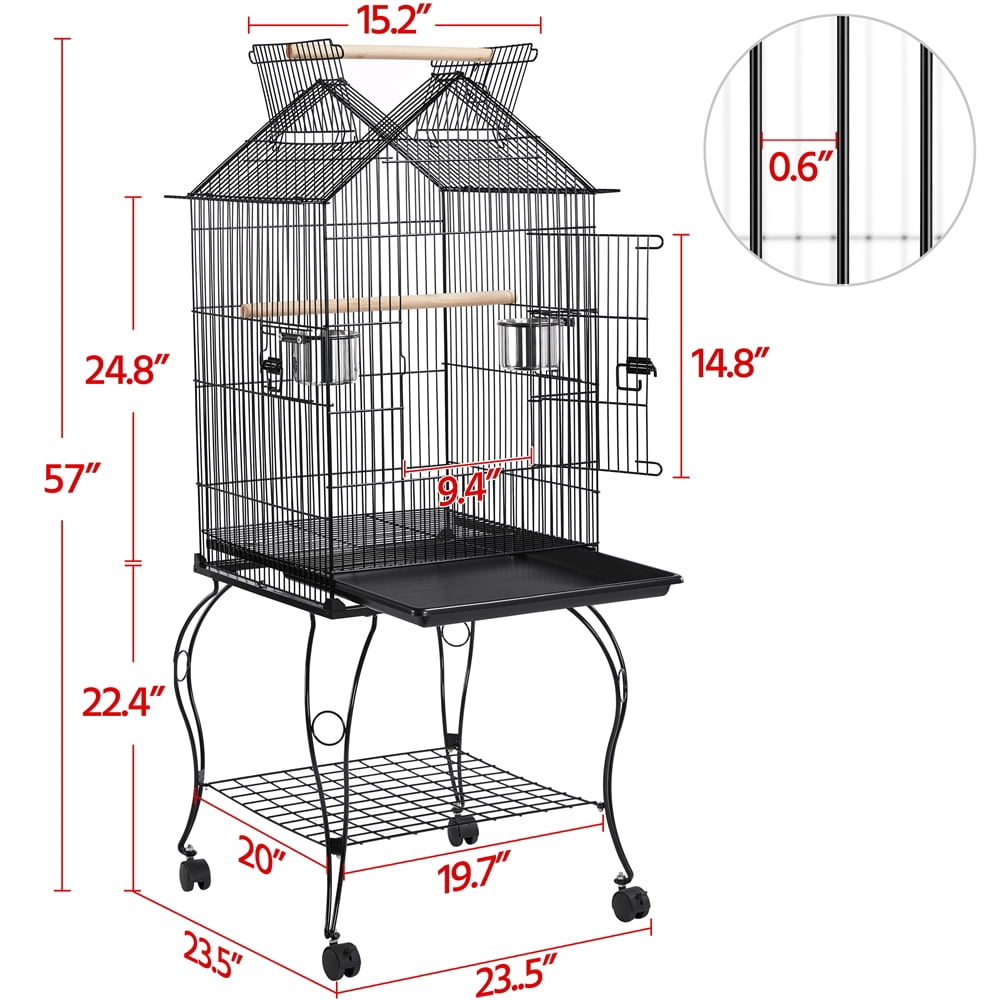 Topeakmart 57''H Open Top Metal Parrot Cage Rolling Birdcage with Perches， Black