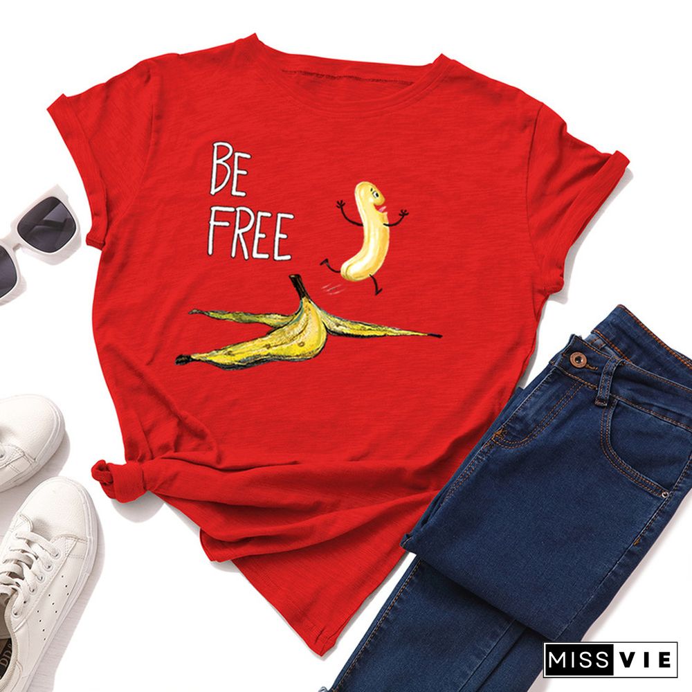 JCGO Summer Cotton Women T Shirt Fashion Short Sleeve Funny Free Banana Print Ladies Tee Shirt Tops Casual O-Neck Female T-shirt