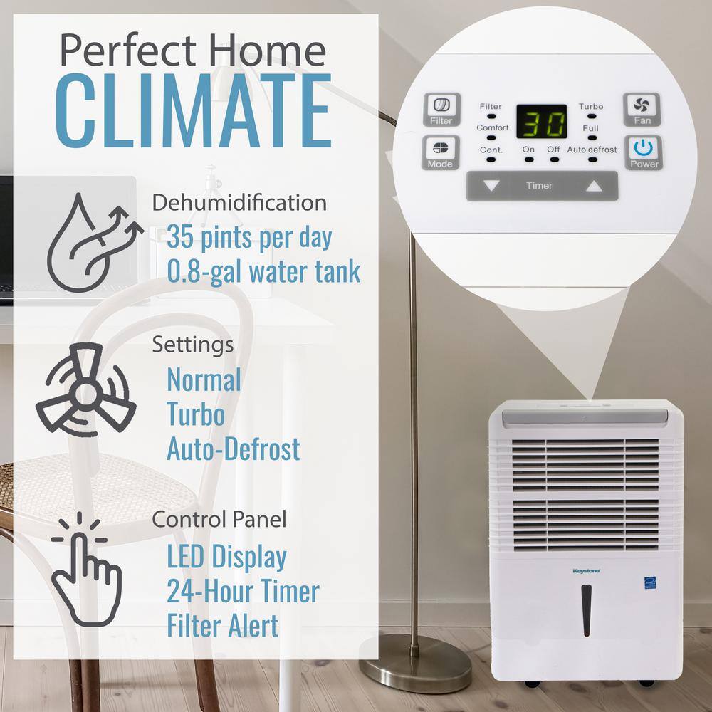 Keystone Energy Star 35 Pint Dehumidifier for up to 3000 Sq.Ft. LED Display Timer Portable w Wheels Auto-Shutoff KSTAD354D