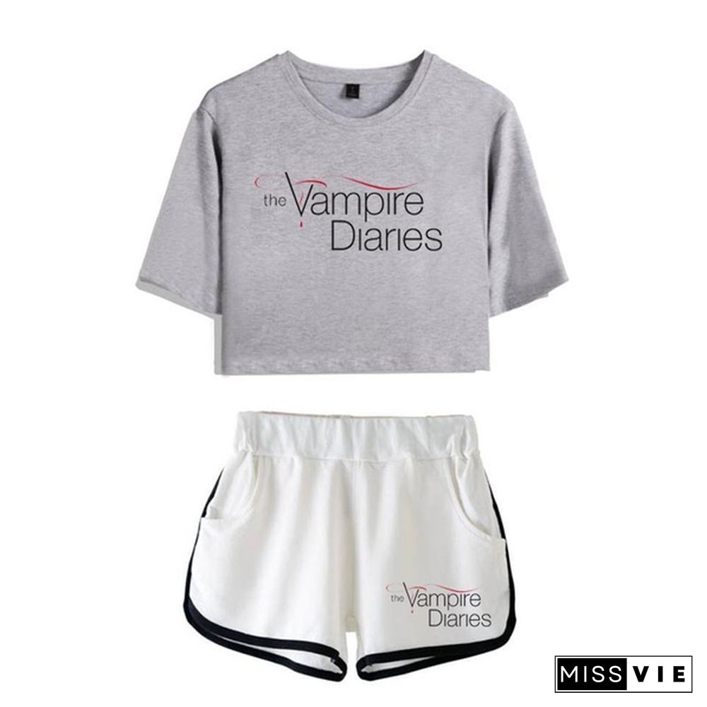 Summer Funny the Vampire Diaries Two Piece Set Summer Harajuku Cotton Print Crop Top T Shirt and Shorts