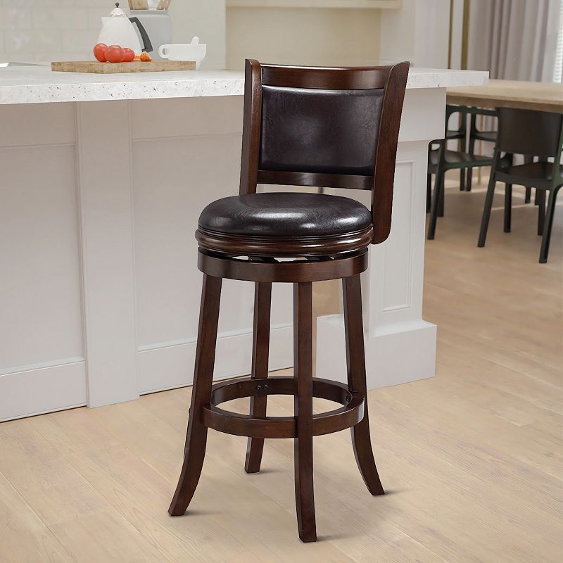 Pal 29 Inch Swivel Bar Stool， Solid Wood， Rich Faux Leather， Espresso Brown