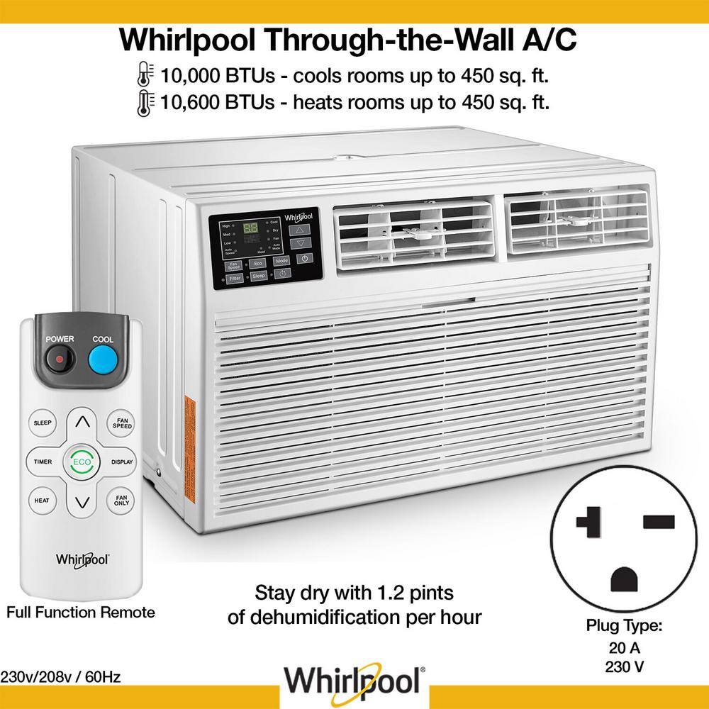 Whirlpool 10000 BTU 230V Through-the-Wall AC and Heater wRemote Control CoolsHeats Rooms up to 450 Sq. ft Digital Display Timer WHAT101-HAW