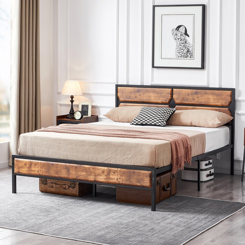 Industrial 3 Piece Vintage Brown Bed Frame and Charging Station USB Port Nightstands Set of 2