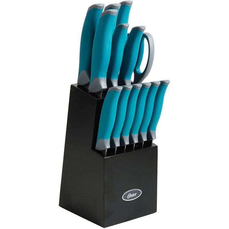 Oster Lindbergh 14 Piece Stainless Steel Cutlery Set Black Block， Teal/Black