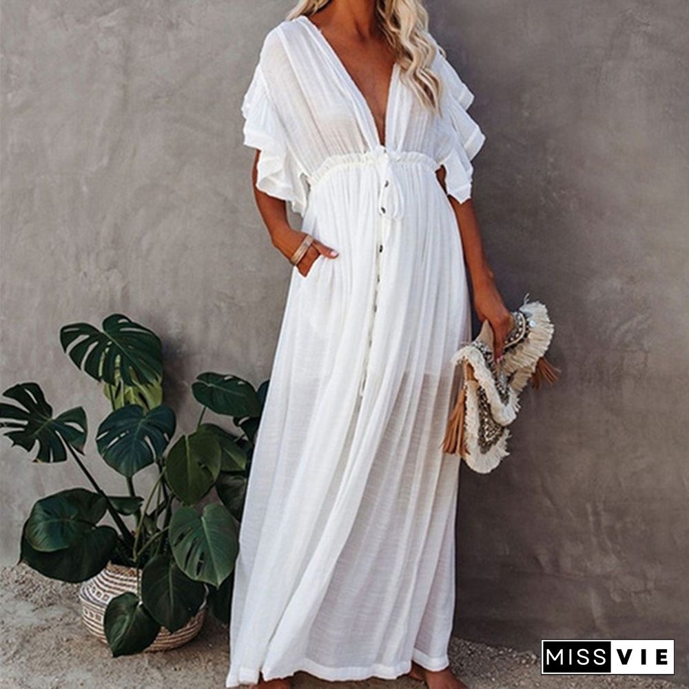 Woman Bohemian Boho Fashion Elegant Sexy V Neck Bikini Cover-ups Long White Tunic Casual Summer BeachDress Elegant Women BeachWear Swim Suit Cover Up Loose Maxi Pregnant Maternity Dresses Plus Size