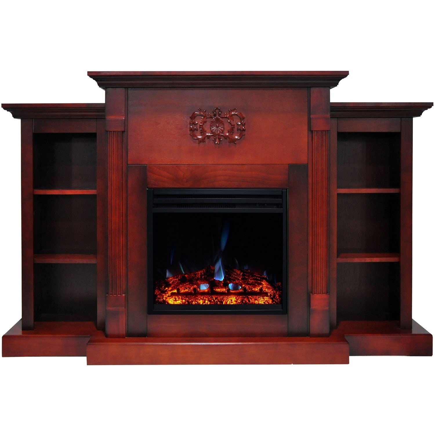 Cambridge Sanoma 72'' Electric Fireplace with Enhanced Charred Log Insert | Multi-Color Flame | For Rooms up to 210 Sq.Ft | Remote | Cherry Mantel | Dual Heat Settings | Timer