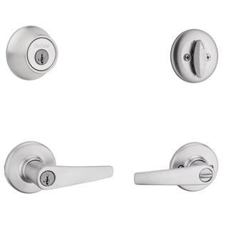 Kwikset Delta Satin Chrome Keyed Entry Door Handle and Single Cylinder Deadbolt Combo Pack featuring SmartKey Security 690DL26DCPK6SMT