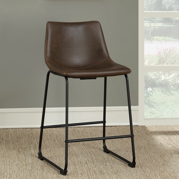 Vintage Black Matal Sled Frame with Brown Leatherette Seat Counter Height Dining Stools (Set of 2)