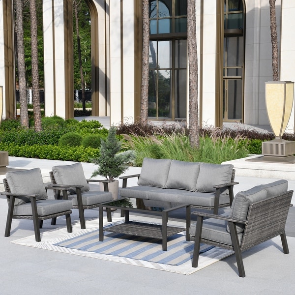 OVIOS 5piece Outdoor Steel Frame Ottoman Wicker Solid Pattern Cushion Sectional Set Glass Top Table