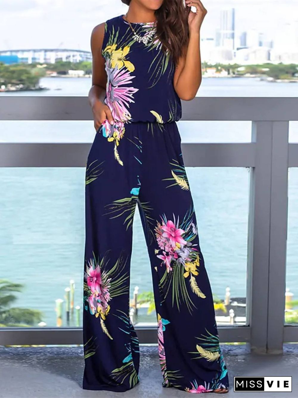 Floral Pockets Casual Jumpsuit & Romper