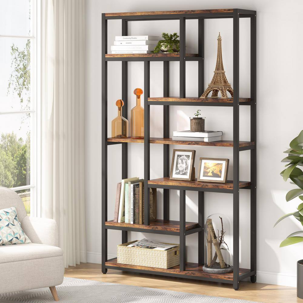 BYBLIGHT Eulas 79 in. Rustic Brown 10-Shelf Etagere Bookcase with Open Shelves 7-Tier Extra Tall Bookshelf for Home Office BB-U20-XL