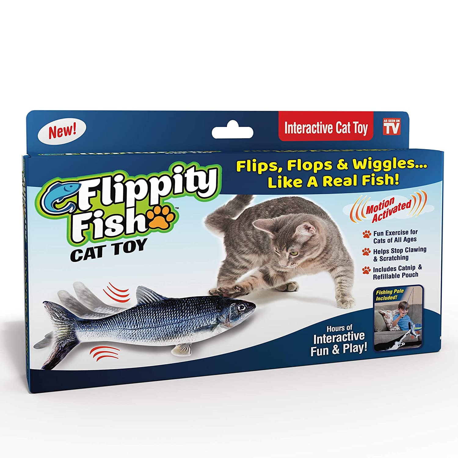 Flippity Fish Cat Toy， Interactive Cat Toy， Flips， Flops and Wiggles Like a Real Fish， Motion Activated， Cat Fun toy， Exercise for Cats， Includes Catnip， Helps Stop Clawing and Scratching， Animal Toys