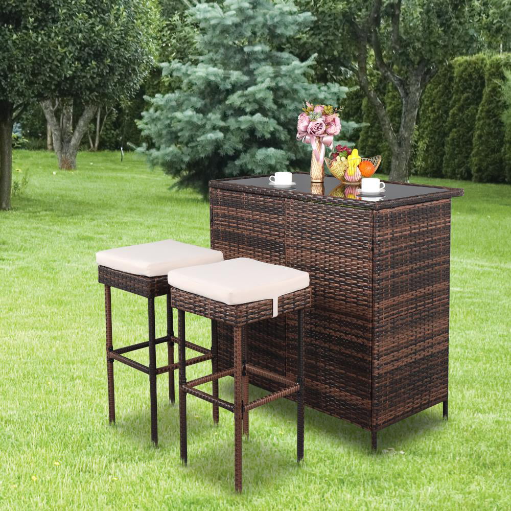 Ktaxon 3PCS Wicker Bar Set Patio Outdoor Table and 2 Stools Furniture Steel， Outdoor