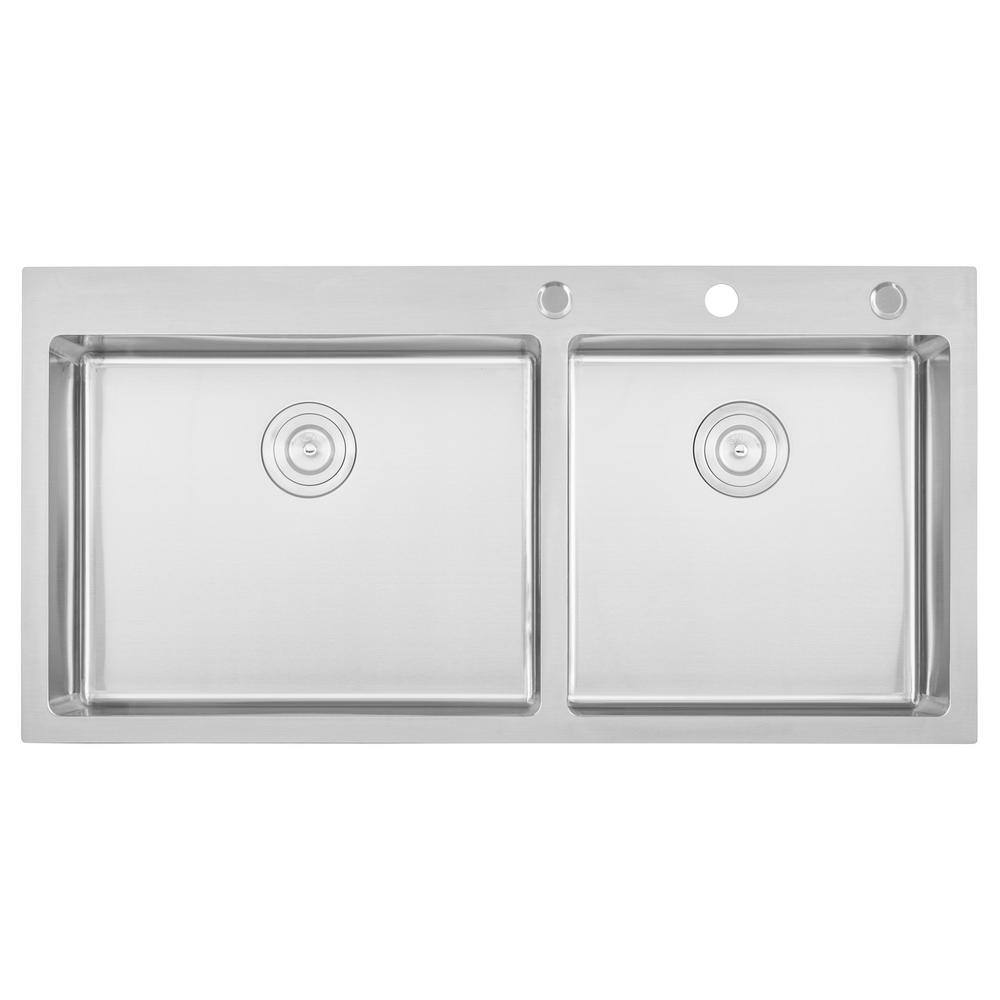 eModernDecor Drop-in Top Mount 16-Gauge Stainless Steel 42-78 in x 21-12 in x 10 in 6040 Offset Double Bowl Kitchen Sink Combo ARL-RT4321