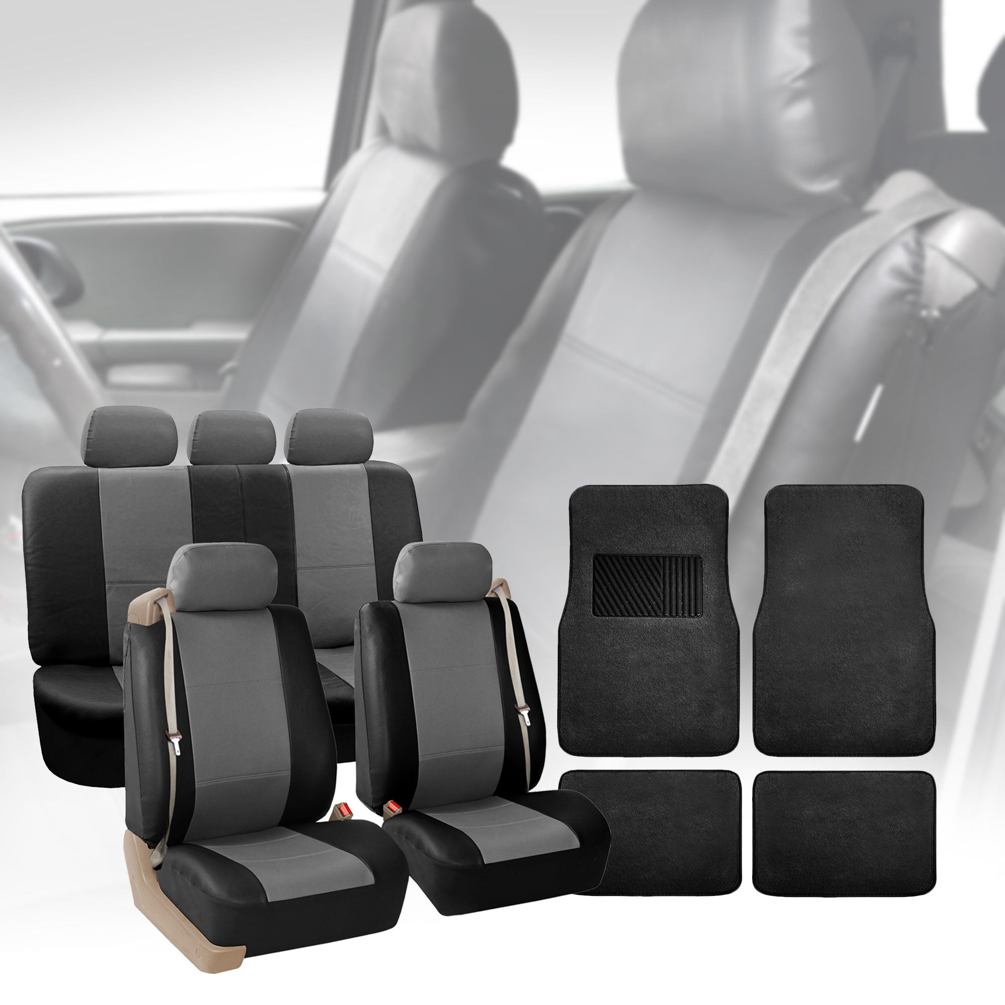 FH Group PU Leather Integrated Seatbelt Seat Covers， Full Set with Black 4pcs Carpet Floor Mats， Black Gray