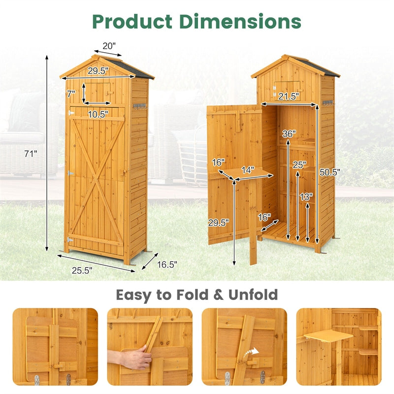 Outdoor Storage Shed Wooden Tool Room Waterproof Garden Storage Cabinet with Lockable Doors & Foldable Table