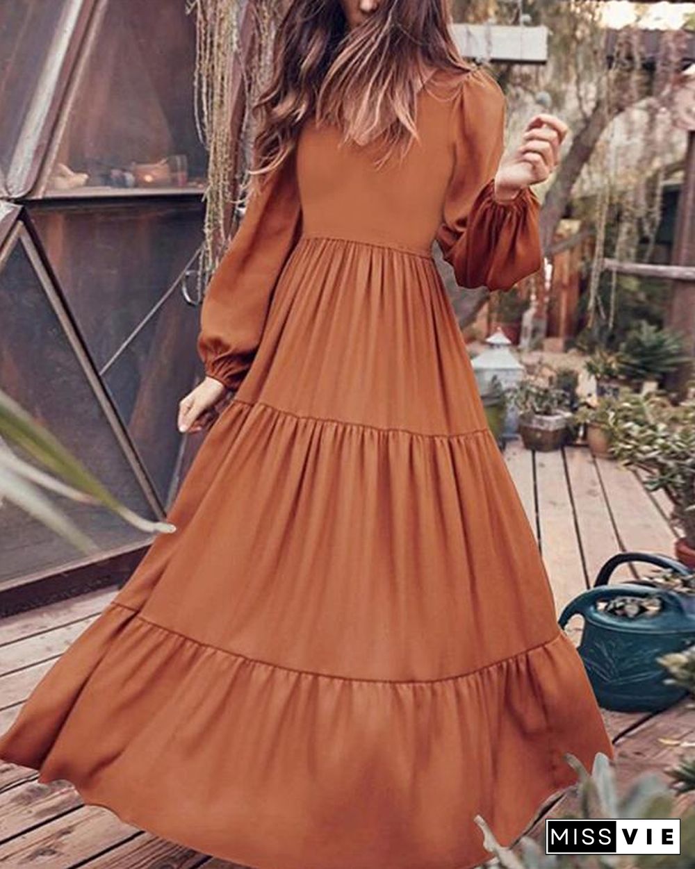 Women Retro Solid Color Back Zipper Puff Sleeve Loose Casual Maxi Dress