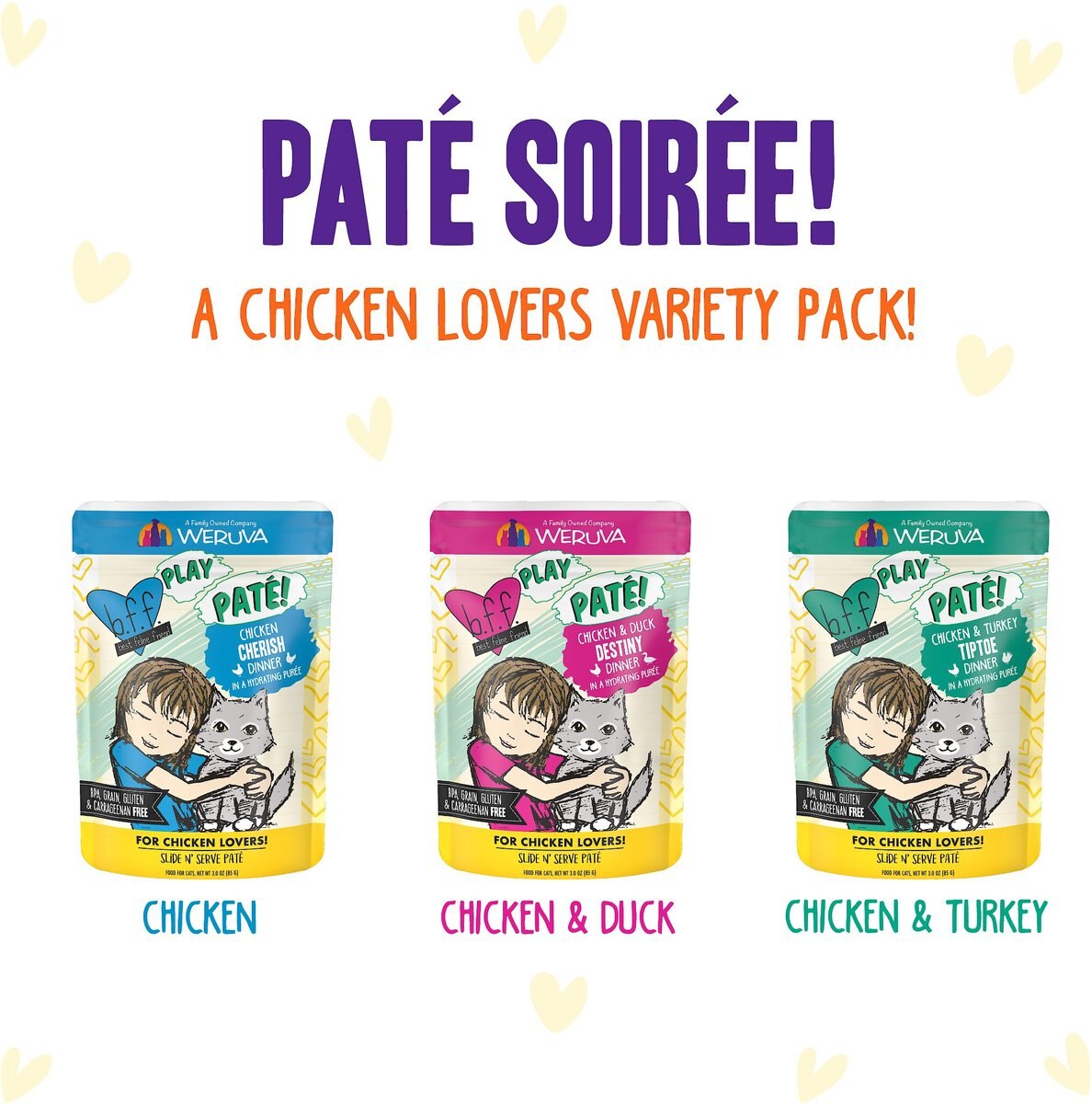 Weruva Best Feline Friend Paté Lovers， Aw Yeah! Paté Soiree! Variety Pack Grain-Free Wet Cat Food， 2.8-oz pouch， case of 12