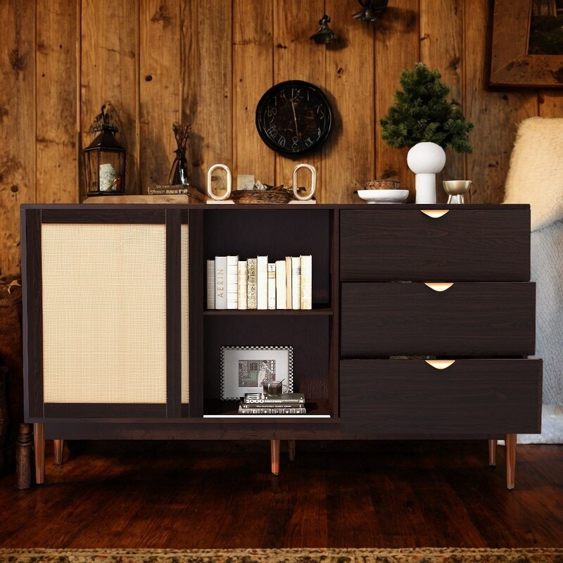 Minimalist Style 2 Doors Storage Cabinet  MDF Sideboard Buffet with 3 Drawers and Metal Handles  for Corridors Entrances  Brown