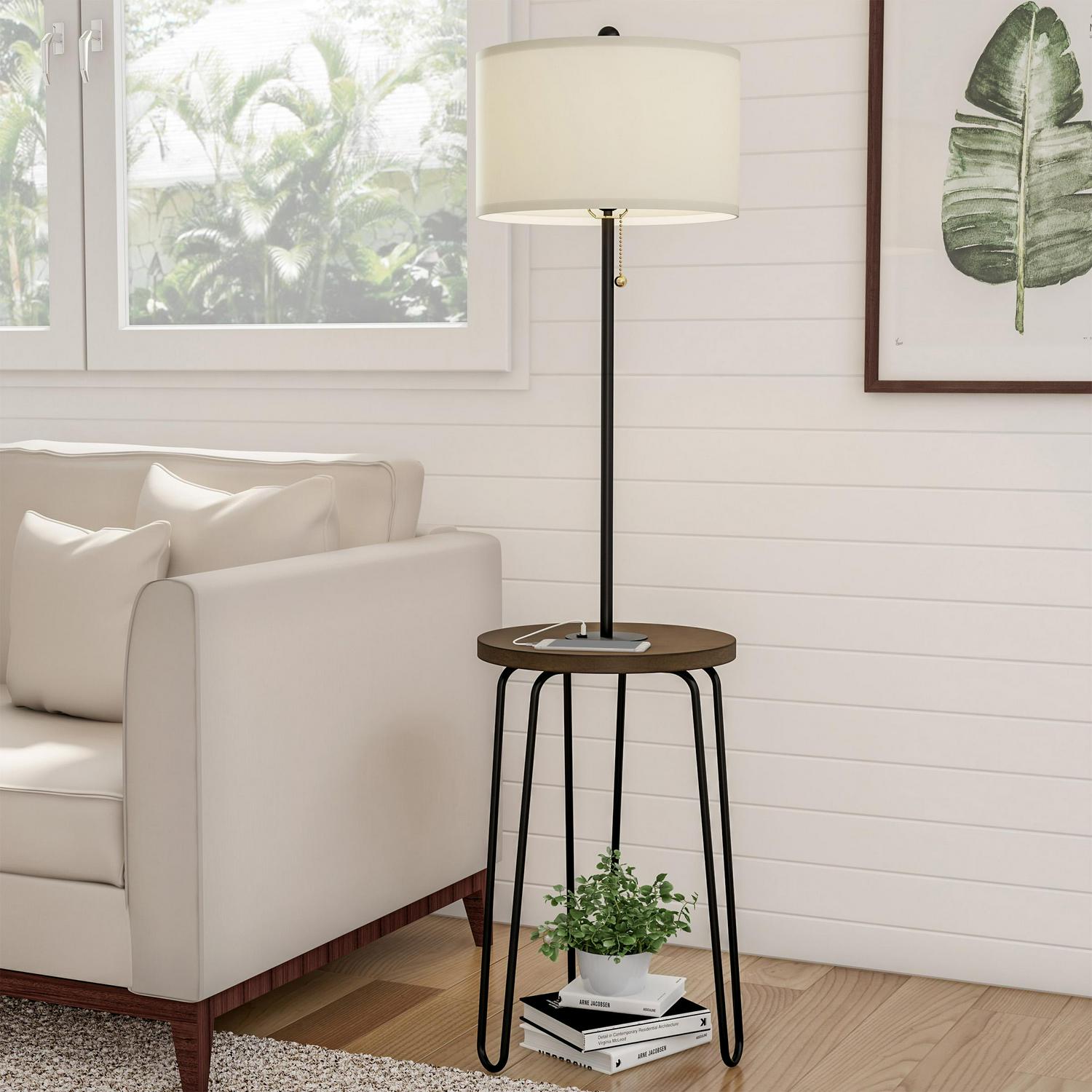 Lavish Home Floor Lamp with Table， USB Port， and Hairpin Legs a Standing Light with Shelves