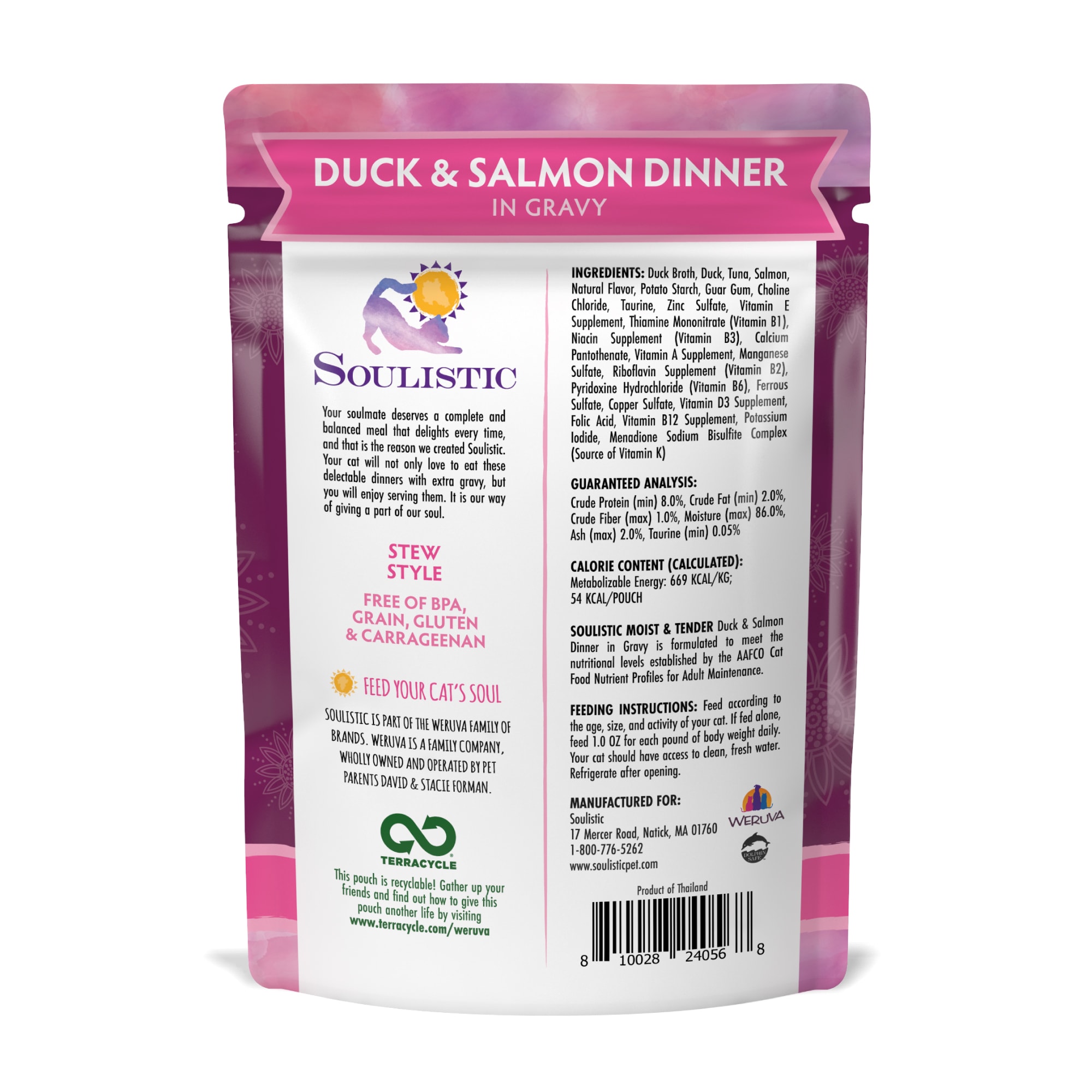 Soulistic Moist  Tender Duck and Salmon Dinner in Gravy Wet Cat Food， 2.8 oz.， Case of 8