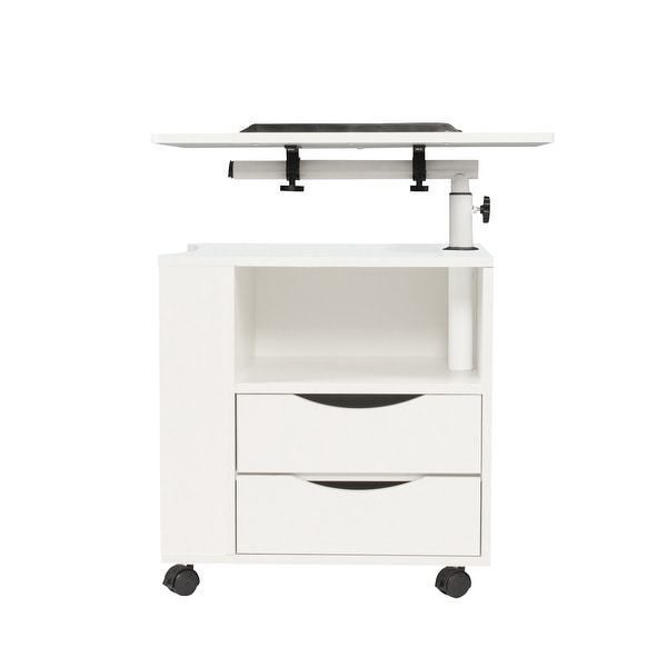 Movable End Table with Height Adjustable Swivel Top and 2 Drawers， Wood End Table with Open Shelf and Q-Type Clip