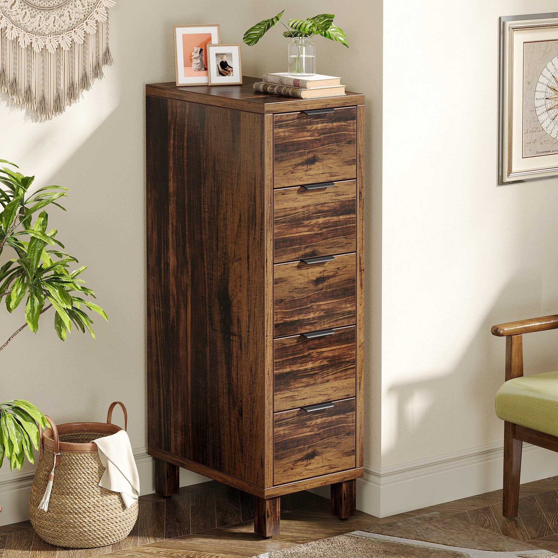 5-Drawer Narrow Dresser, Dresser Chest of Drawers Wood Storage Tower Drawers