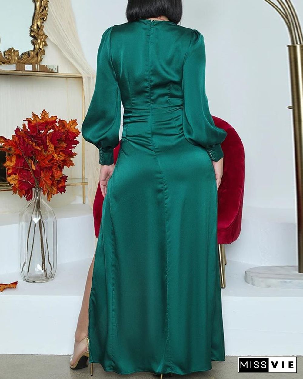 Lantern Sleeve High Slit Wrap Maxi Dress