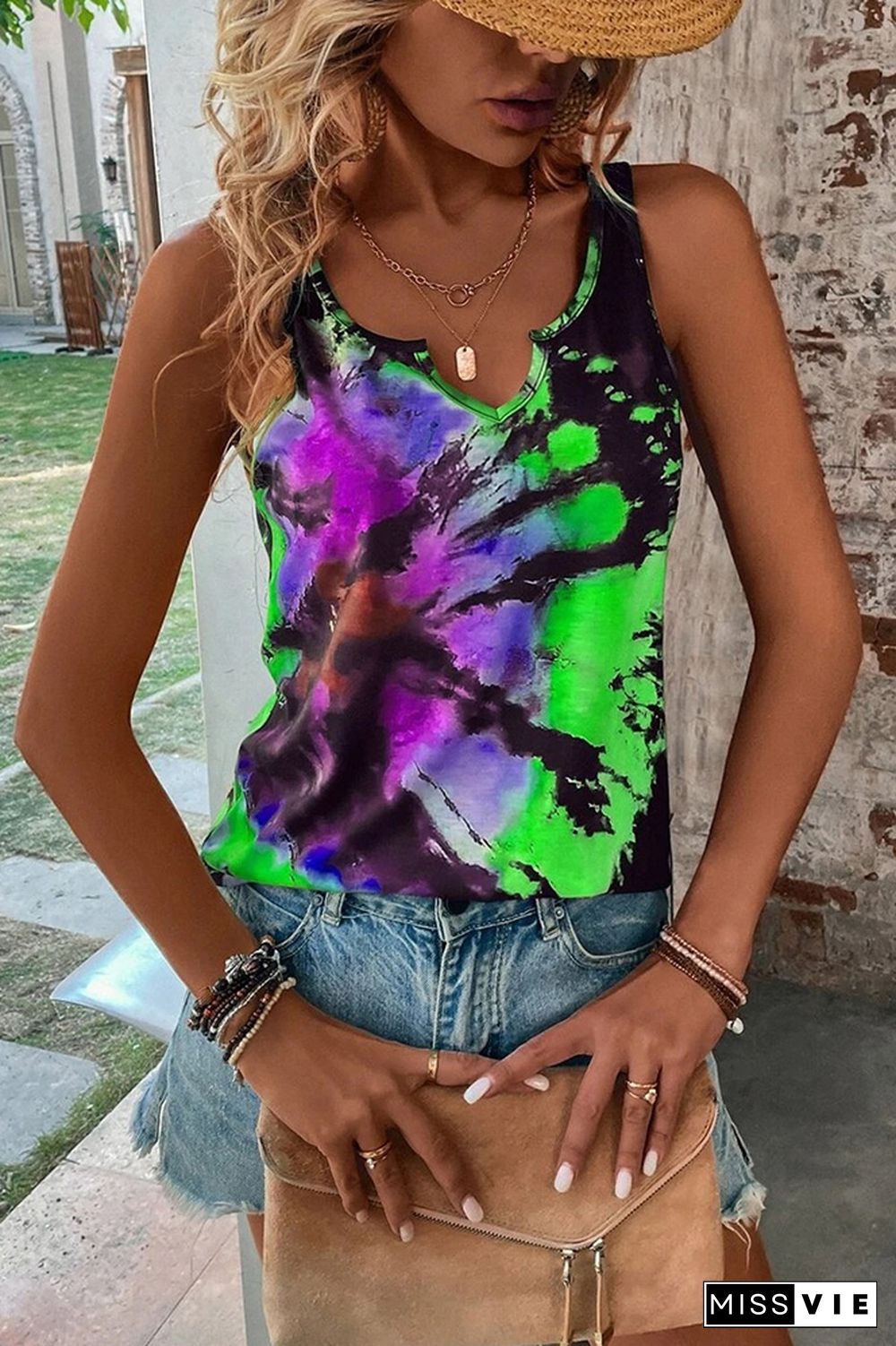 Split V Neck Tie Dye Tank Top