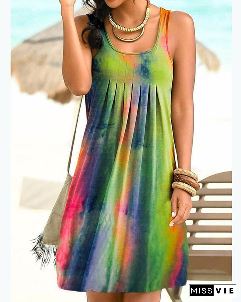 Sleeveless Holiday Gradient Print Paneled Pleated Mini Dress