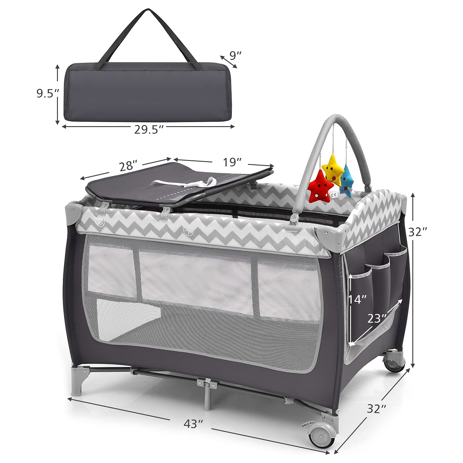 BABY JOY 4 in 1 Pack and Play, Portable Baby Playard with Bassinet Bed, Side Zipper Door